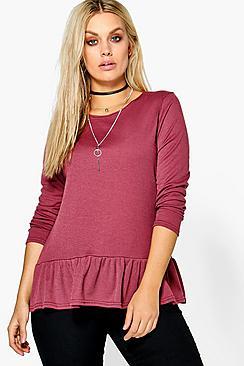 Boohoo Plus Issy Soft Ribbed Ruffle Hem Jumper