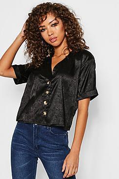 Boohoo Jacquard Satin Horn Button Blouse