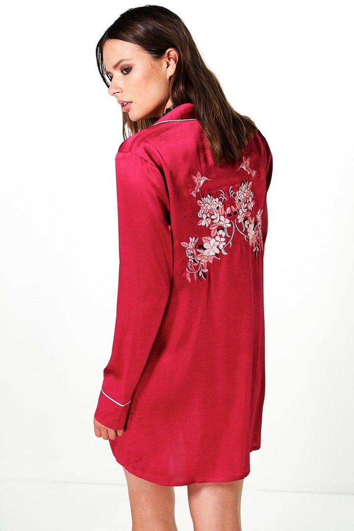 Boohoo Serena Satin Embroideredback Shirt Dress Wine
