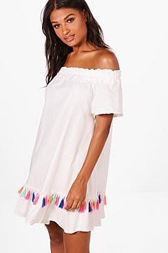 Boohoo Elise Tassel Trim Off The Shoulder Beach Dress
