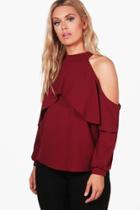 Boohoo Plus Dana Open Shoulder Frill Top Poppy