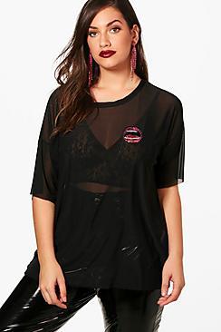 Boohoo Plus Bethany Lips Applique Mesh Tee