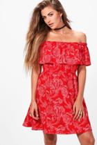 Boohoo Katie Frill Off The Shoulder Skater Dress Red