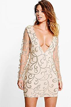 Boohoo Boutique Lia Sequin Print Plunge Bodycon Dress