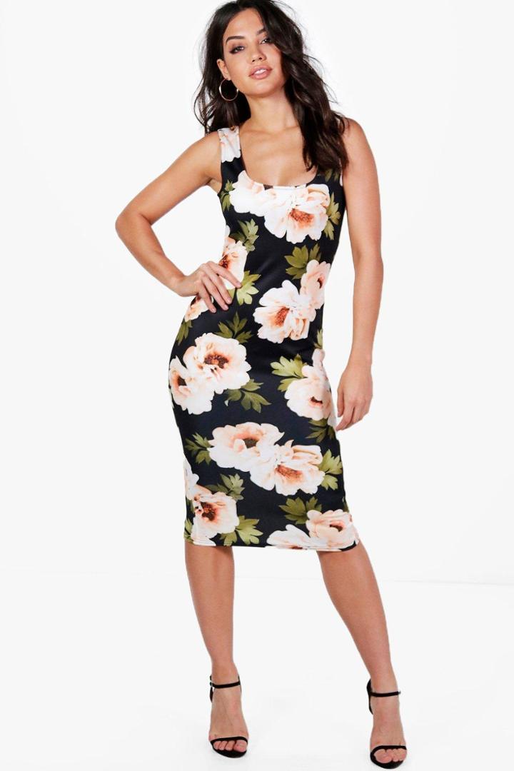 Boohoo Ailsa Floral Print Square Neck Midi Dress Black