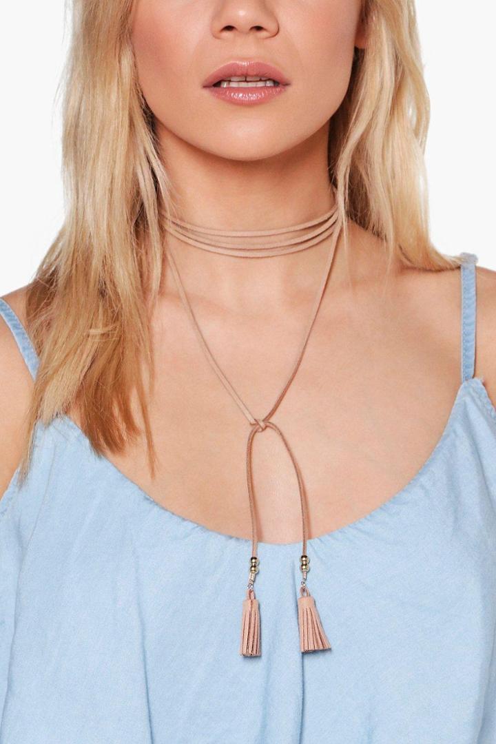 Boohoo Tia Contrast Tassel Edge Skinny Tie Choker Tan