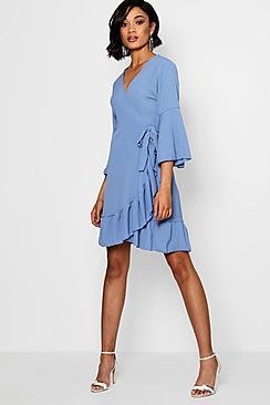 Boohoo Wrap Ruffle Tea Dress