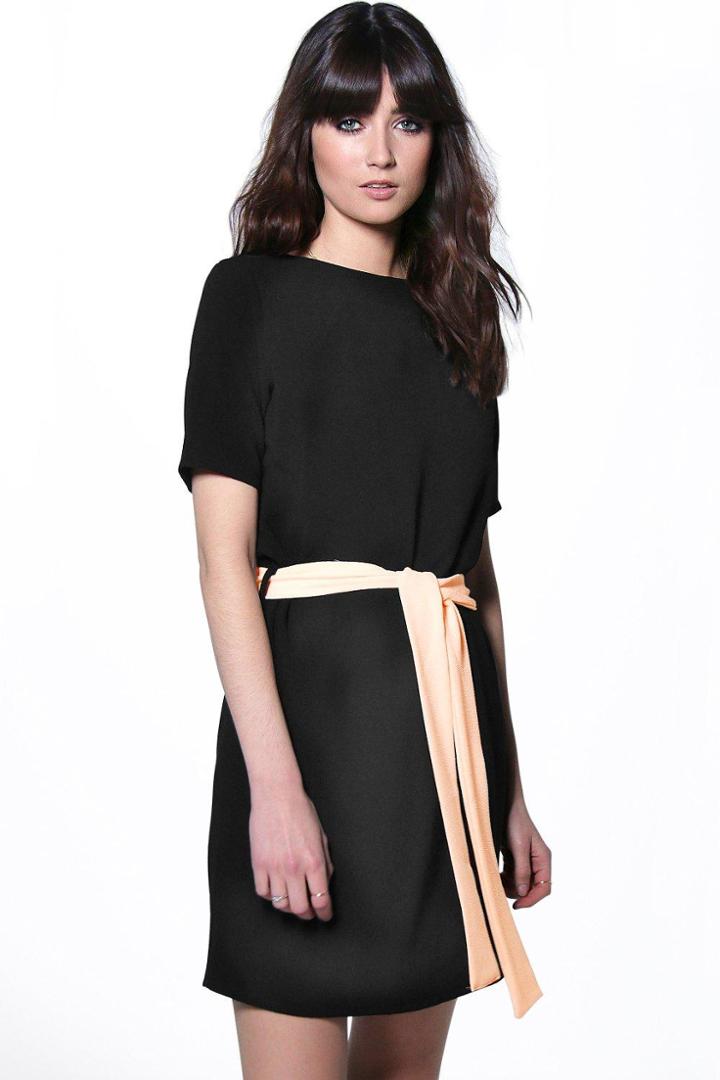 Boohoo Cassie Tie Waist Woven Shift Dress Black