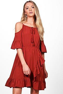 Boohoo Em Halterneck Cold Shoulder Frill Skater Dress