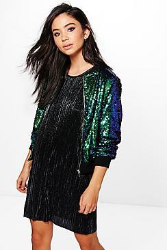 Boohoo Boutique Maya Sequin Bomber Jacket With Varsity Rib