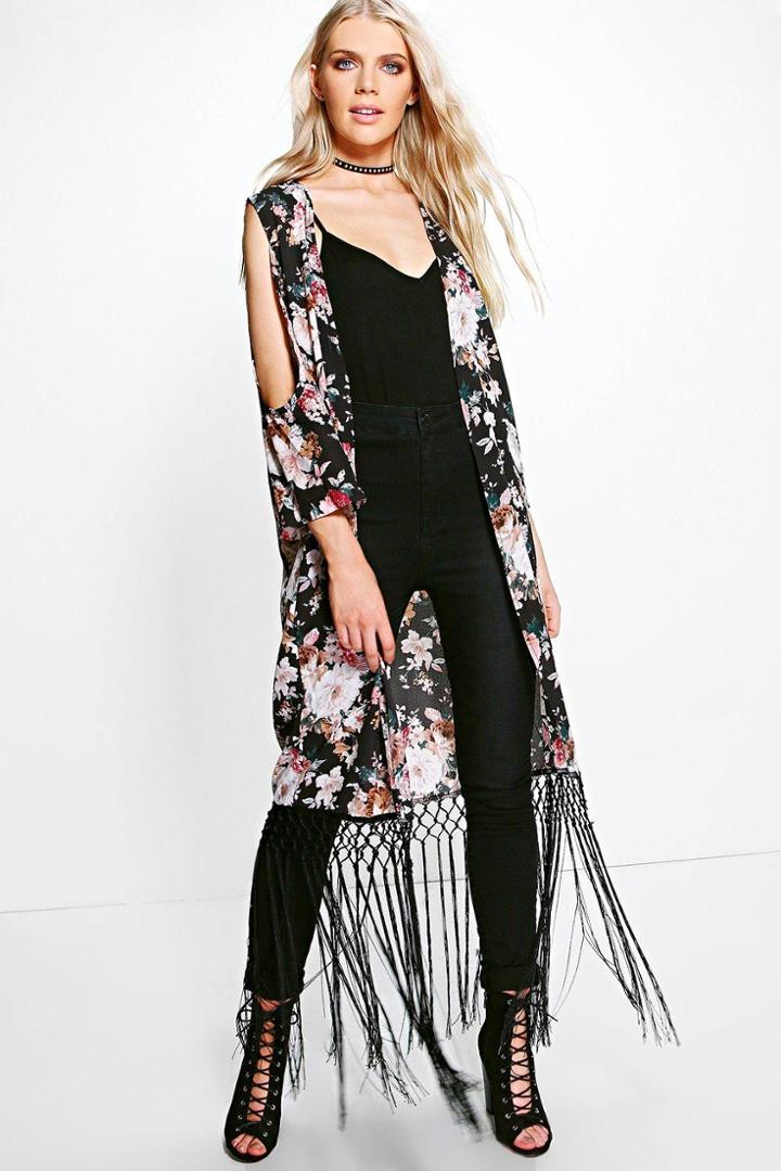 Boohoo Jessica Floral Cold Shoulder Tassel Kimono Black