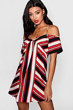 Boohoo Mya Nautical Stripe Cold Shoulder Skater Dress
