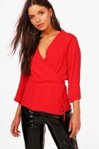 Boohoo Abigail Front Plunge Blouse Red