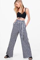 Boohoo Amara Tie Waist Striped Wide Leg Trousers Navy