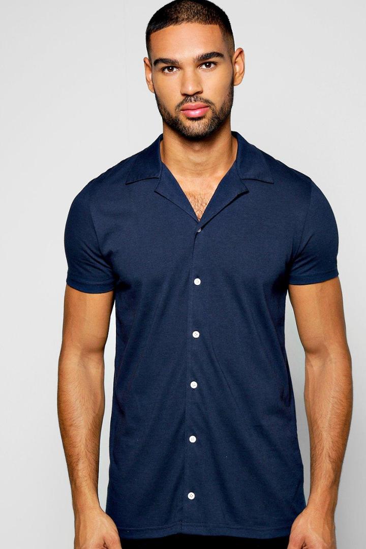 Boohoo Short Sleeve Revere Collar Jersey Shirt Navy