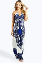 Boohoo Megan Placement Print Halterneck Maxi Dress Blue