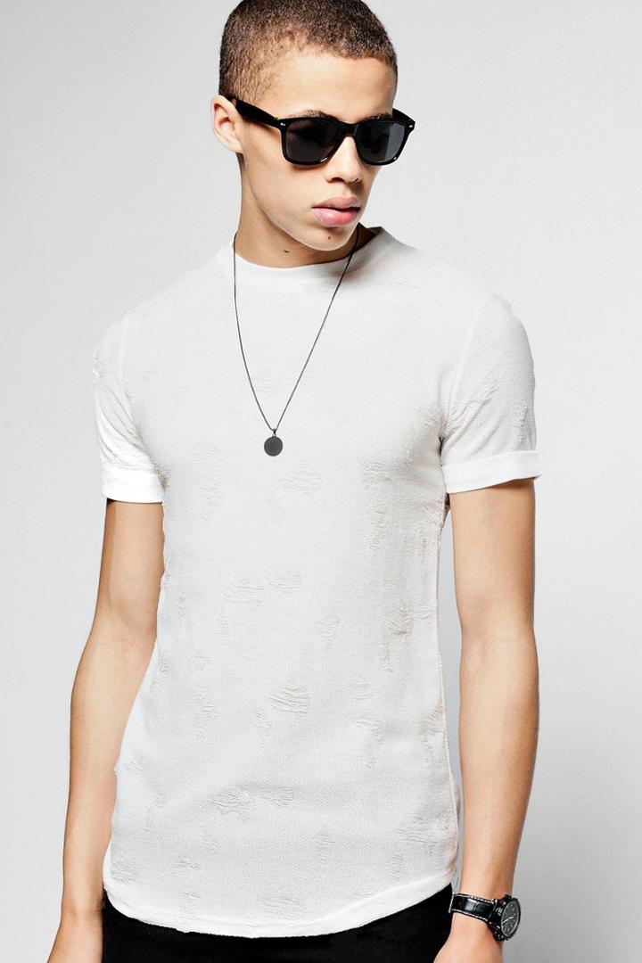 Boohoo Distressed Knit Crew Neck T-shirt Cream