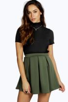 Boohoo Aya Scuba Box Pleat Skater Skirt Khaki