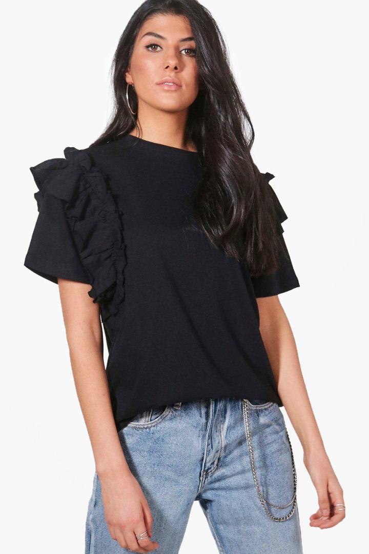 Boohoo Sophia Ruffle Oversized T-shirt Black