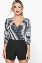 Boohoo Lola Striped Wrap Front Playsuit Black