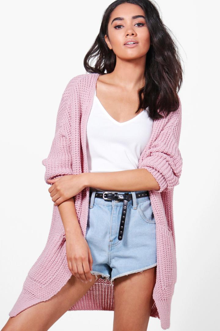 Boohoo Petite Verity Loose Knit Boyfriend Cardigan Nude