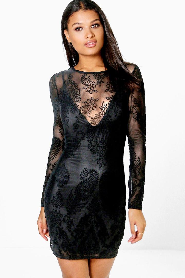 Boohoo Fiona Flock Mesh Long Sleeve Bodycon Dress Black | LookMazing