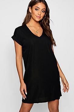 Boohoo Ribbed V Neck Oversized T-shirt Dress