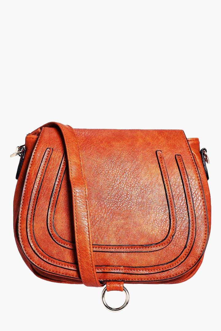 Boohoo Isabelle Emboss & Ring Saddle Cross Body Brown