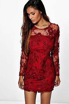 Boohoo Amy Embroidered Long Sleeve Bodycon Dress