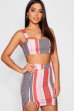 Boohoo Stripe Tie Back Square Neck Top + Skirt