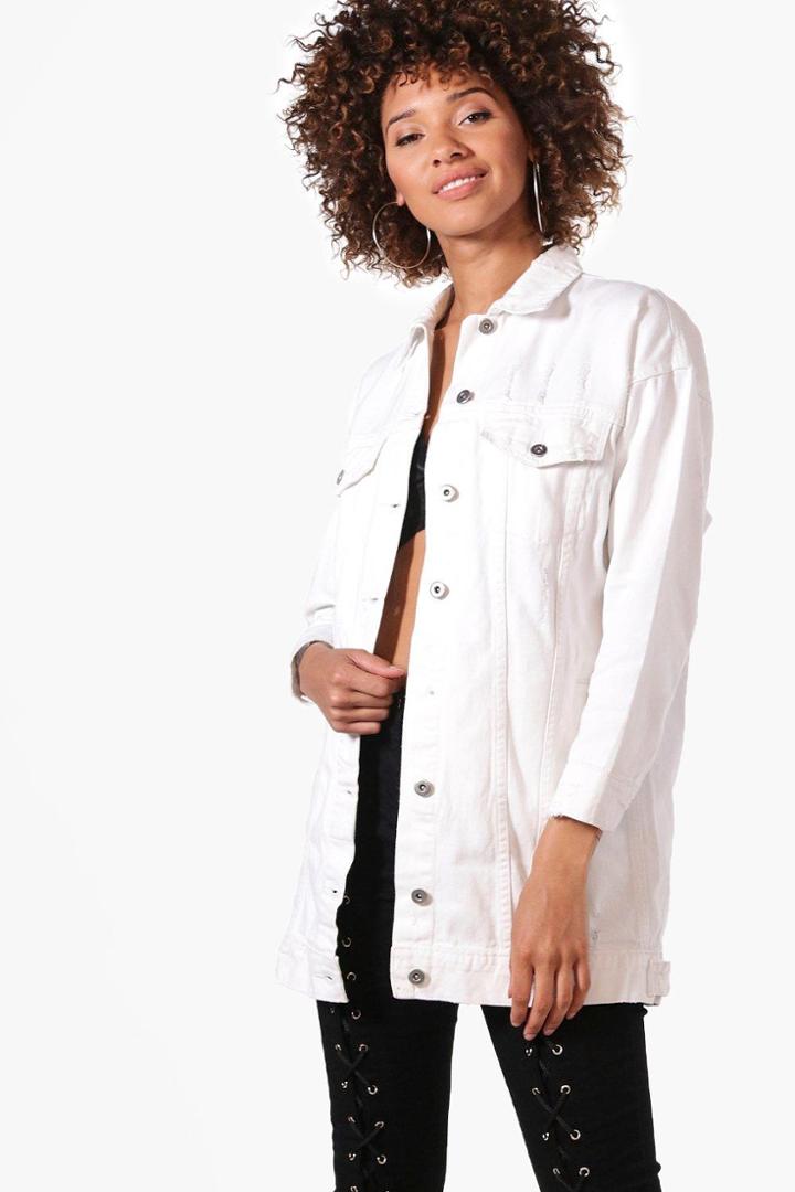 Boohoo Zoe Oversize Distressed Jean Jacket White