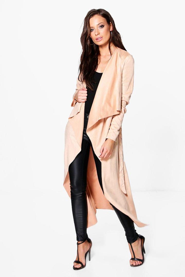 Boohoo Rosie Suedette Waterfall Belted Jacket Beige