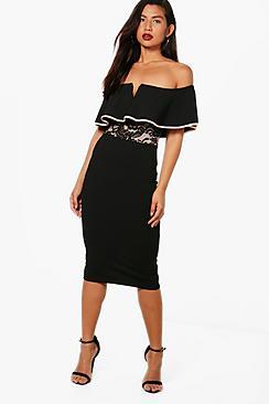 Boohoo Aja Off The Shoulder Lace Insert Midi Dress