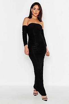 Boohoo Bardot Rouched Maxi Dress