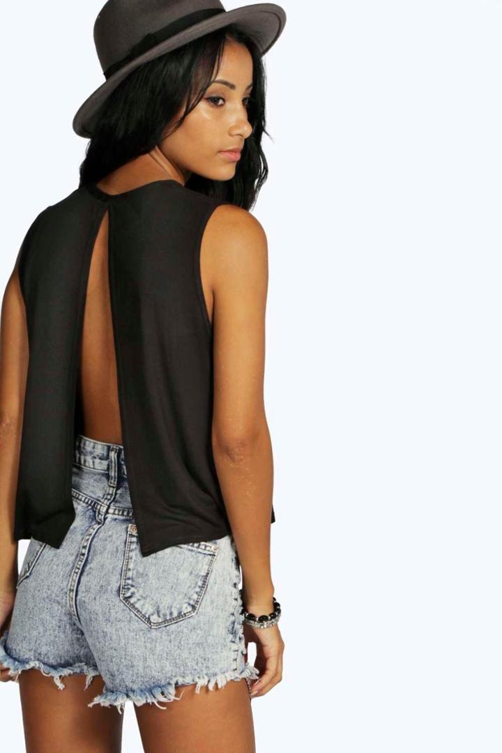 Boohoo Natasha Split Back Cropped Tank Top Black