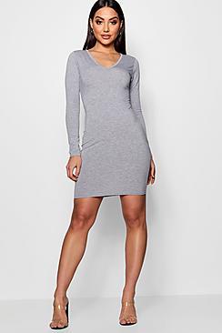 Boohoo V Neck Long Sleeve Bodycon Dress