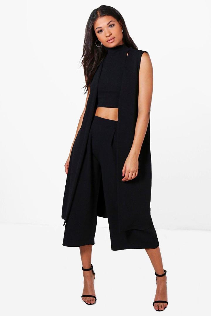 Boohoo Rose 3 Piece Crop Culotte & Duster Co-ord Set Black