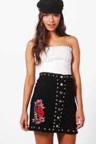 Boohoo Clary Embroidered Studded Denim Skirt Black