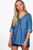 Boohoo Ellie Eyelet Lace Up Denim Top Indigo
