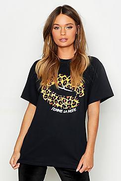 Boohoo Femme Leopard Lips Slogan T-shirt