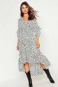 Boohoo Woven Wrap Polka Dot Hanky Hem Maxi Dress