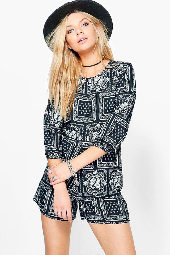 Boohoo Hannah Multi Paisley Print 3/4 Sleeve Playsuit Black