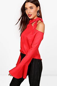 Boohoo Francesca One Shoulder Neck Tie Blouse