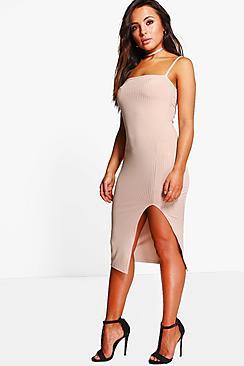 Boohoo Petite Heidi Split Leg Ribbed Midi Dress