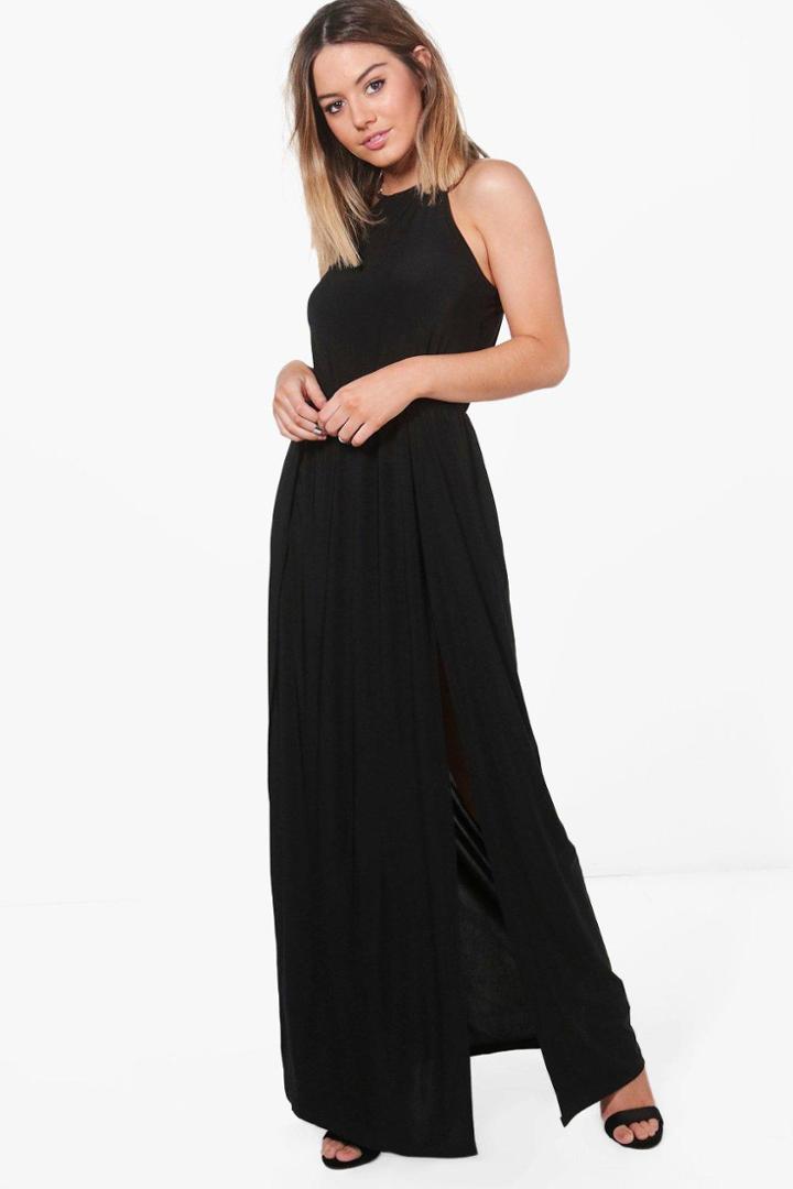 Boohoo Petite Amy Halterneck Split Leg Slinky Maxi Dress Black