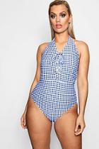 Boohoo Plus Lydia Lace Up Gingham Print Swimsuit