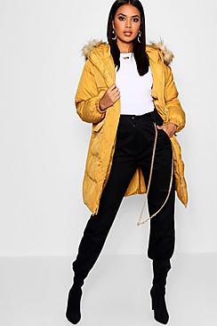 Boohoo Longline Faux Fur Trim Hood Puffer Coat