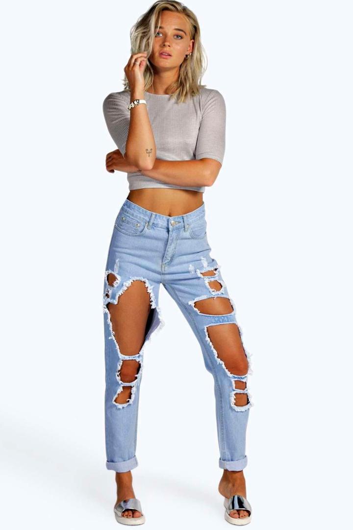 Boohoo Jodie Shredded Leg Mom Jeans Blue