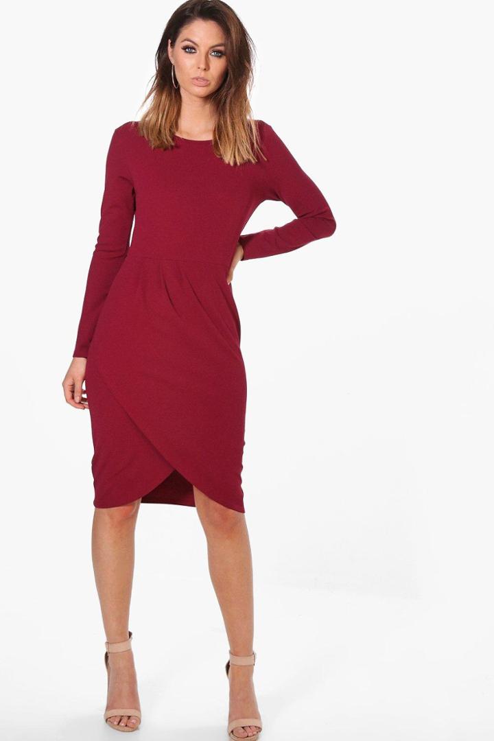 Boohoo Christina Pleat Front Long Sleeve Midi Dress Wine