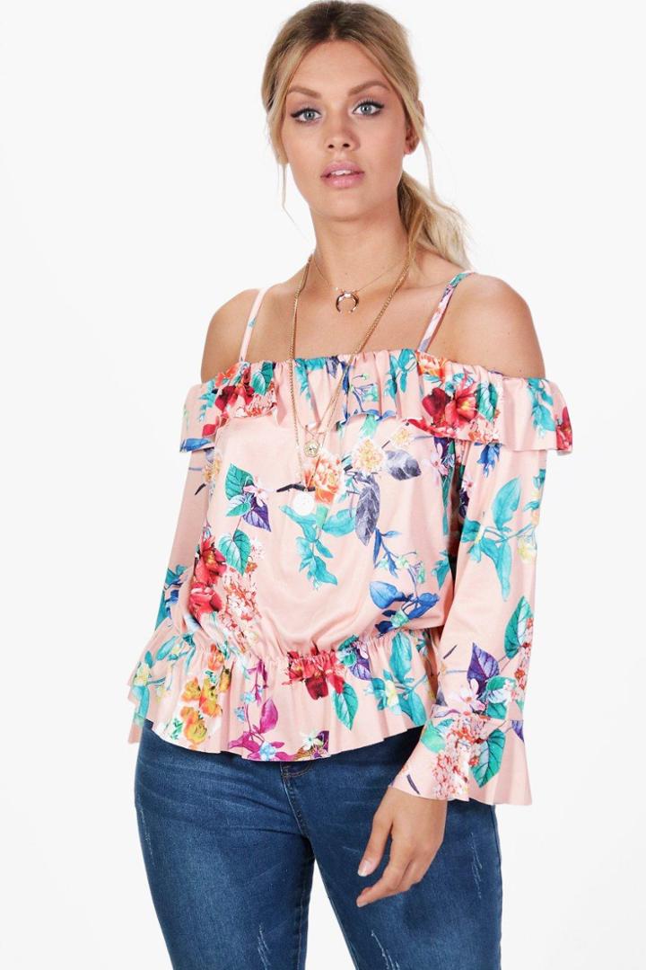 Boohoo Plus Ellie Floral Open Shoulder Top Multi